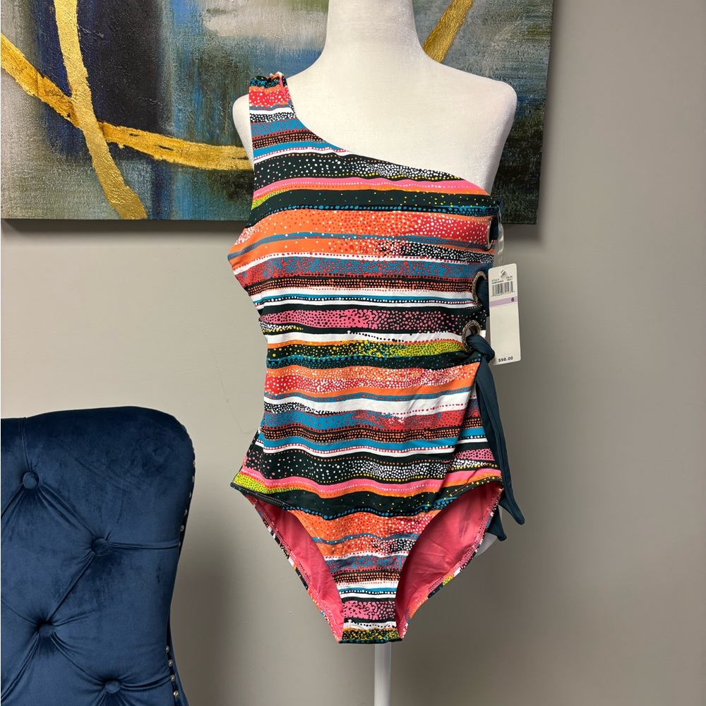 Anne Cole Pink and Orange One Piece Swimsuit Asymmetrical Design. NWT